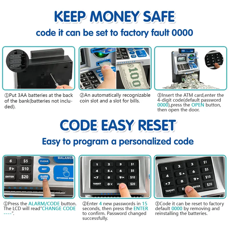 Talgic Kids Piggy Bank ATM Toy, a fun, interactive way to teach kids about money savings. With a realistic ATM keypad, password security, and the ability to save both coins and bills, it’s perfect for birthdays, holidays