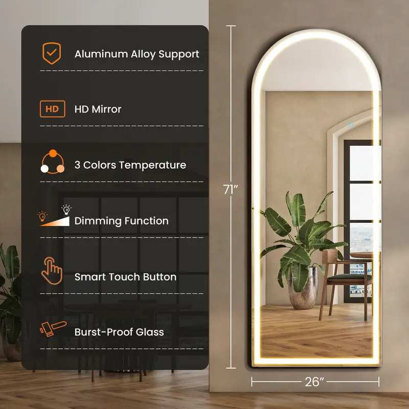 Sweetcrispy 71" Full Length Floor Mirror with LED Lights | Dimmable 3-Color Lighting, HD Standing & Wall Mirror for Bedroom & Dressing Room