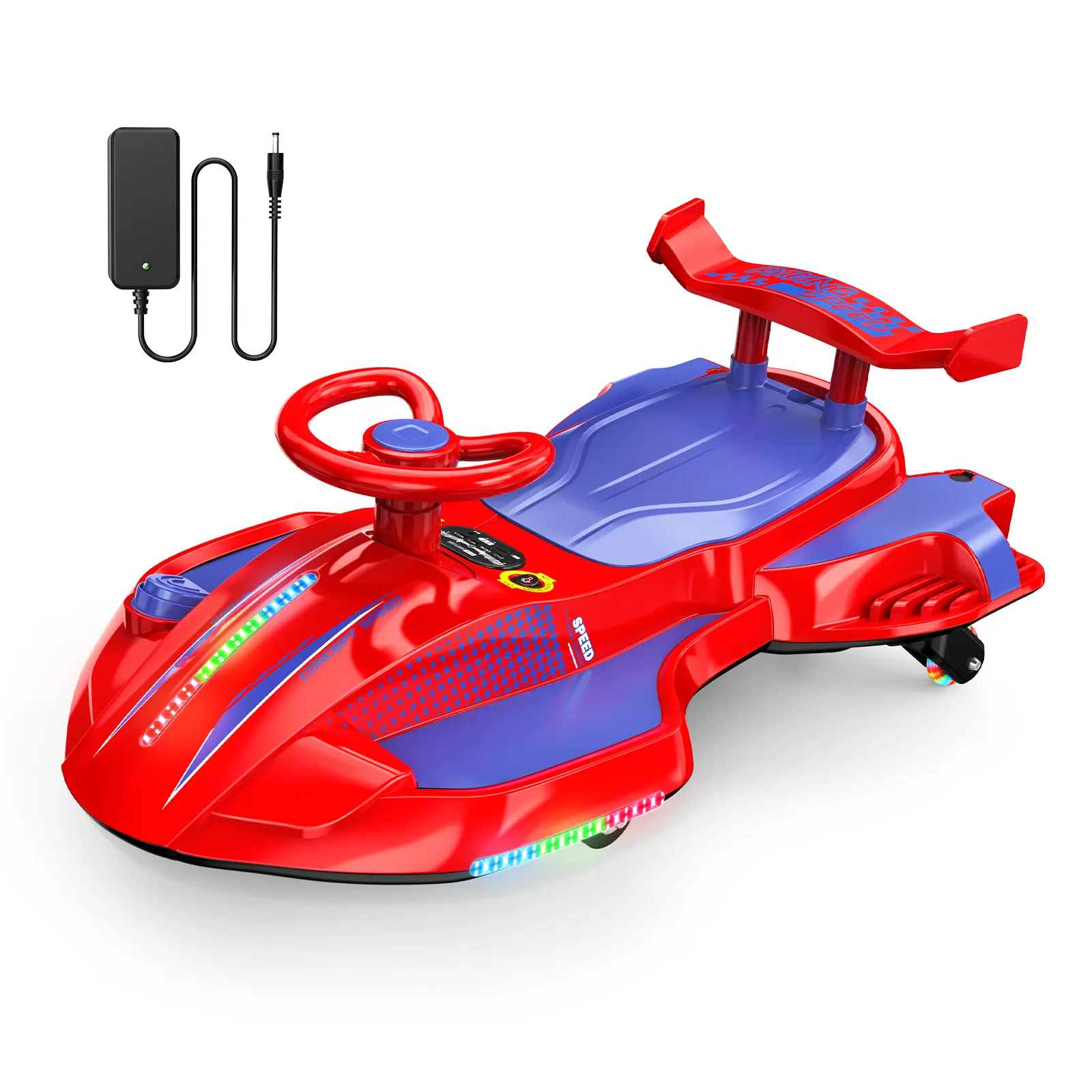 Akeleo 12V 2-in-1 Electric Wiggle Car for Kids | 360° Drift Ride-On with Pedals, LED Flashing Wheels, Bluetooth Music & Mist Spray, Ages 3+