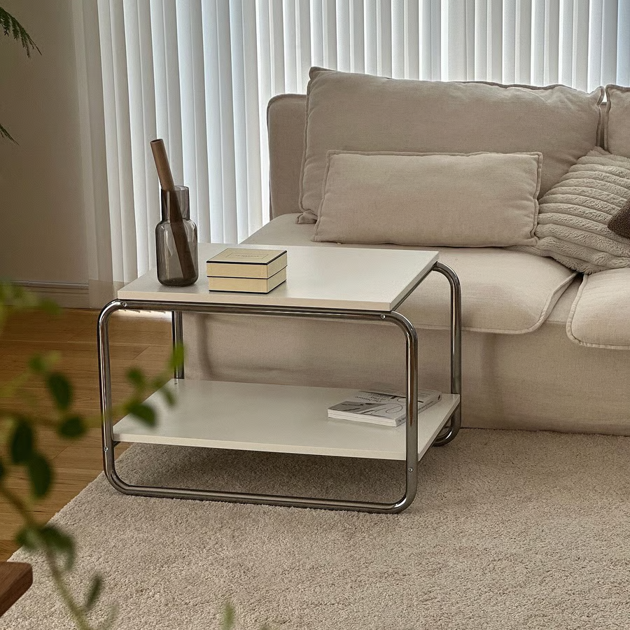 NLFZEK Modern Glass Coffee Table – 2-Tier Chrome Frame with Walnut Shelf for Living Room