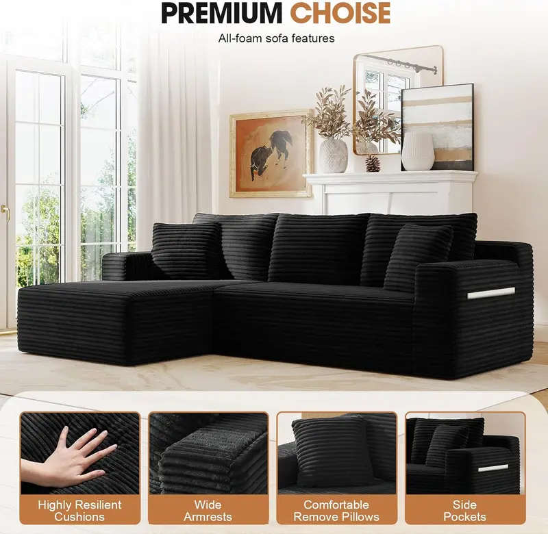 Cloud Modular Sectional Sofa with Reversible Chaise | Deep Seat Corduroy Couch, No Assembly