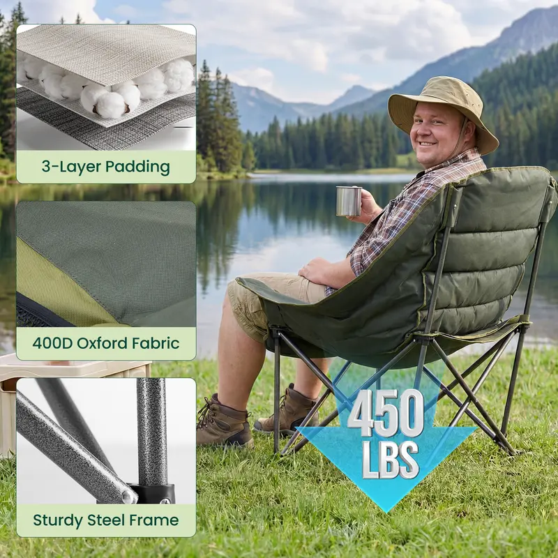 Comfort Folding Camping Chair, 440LBS Heavy Duty Reinforced Steel Frame, Padded 600D Oxford Chair with Cup Holders & Side Pockets, Foldable Carry Bag for Glamping Concerts Picnic