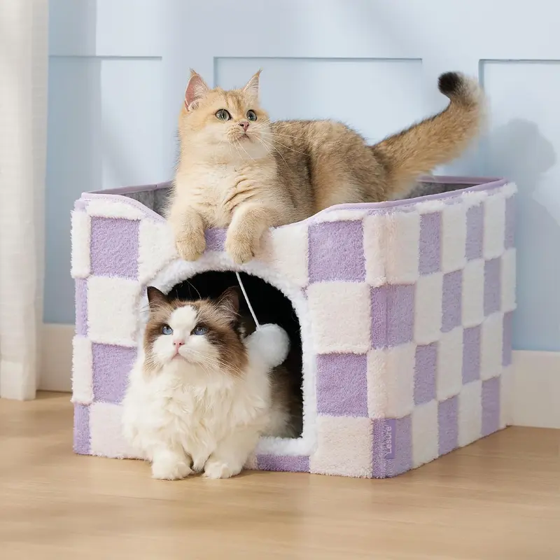Lesure Indoor Cat Cave Bed, Foldable Cat House with Plush Cushion & Hanging Ball, Cozy Cat Cube Hideaway for Indoor Cats & Small Pets