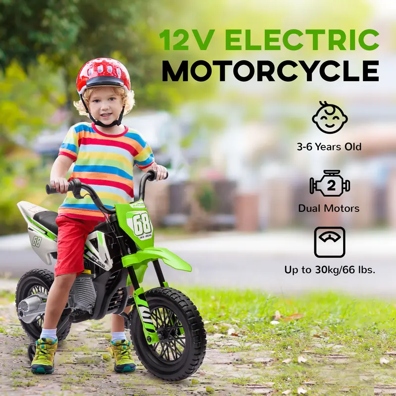 Qaba 12V Kids Electric Dirt Bike | Twist Grip Throttle, Training Wheels & Rear Suspension