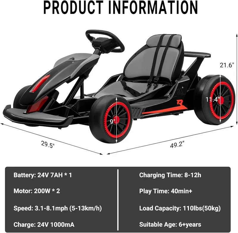 GARVEE 24V Electric Drift Go Kart | Dual 200W Motors, 360° Drift & Gas/Brake Pedals