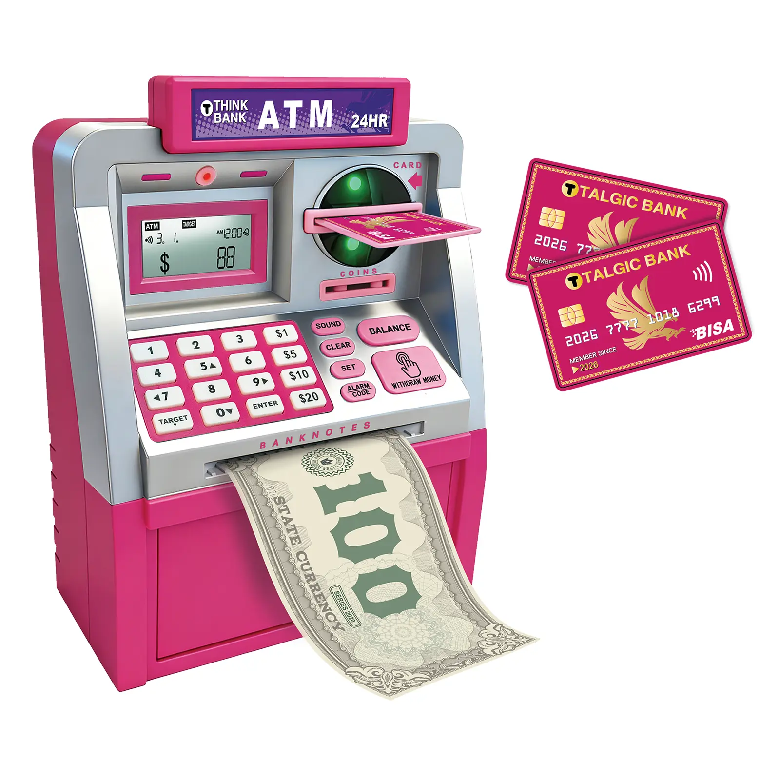 Talgic Kids Piggy Bank ATM Toy, a fun, interactive way to teach kids about money savings. With a realistic ATM keypad, password security, and the ability to save both coins and bills, it’s perfect for birthdays, holidays