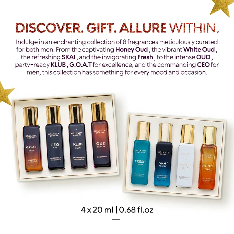 BellaVita Luxury HIM N' MORE Gift Set | 8 Long-Lasting Eau de Parfum for Men (8 × 20ml)