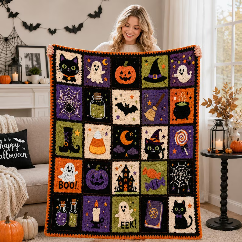 Halloween 100% Cotton Woven Blanket – Vintage Spooky Throw, Retro Halloween Decor for Fall & Cozy Nights