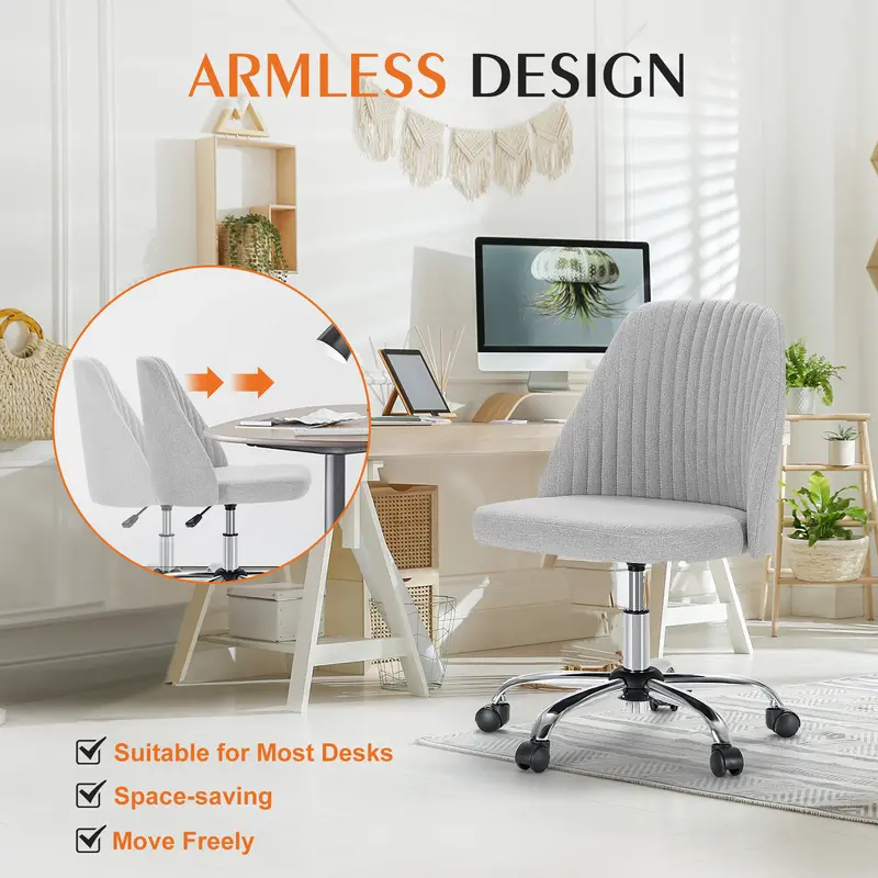 Modern Armless Office Chair | Adjustable Swivel Desk Chair with Wheels for Home Office & Vanity