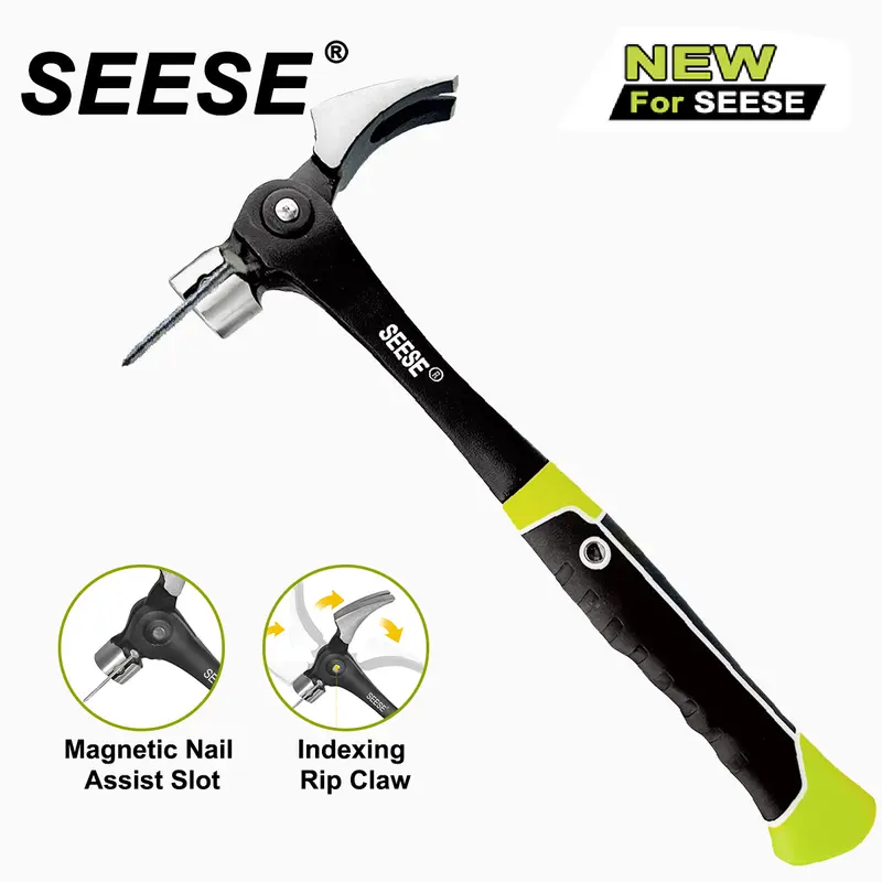 SEESE 16oz Claw Hammer with Magnetic Nail Starter, Forged Steel, Shock-Absorbing Grip for Framing, Carpentry & DIY