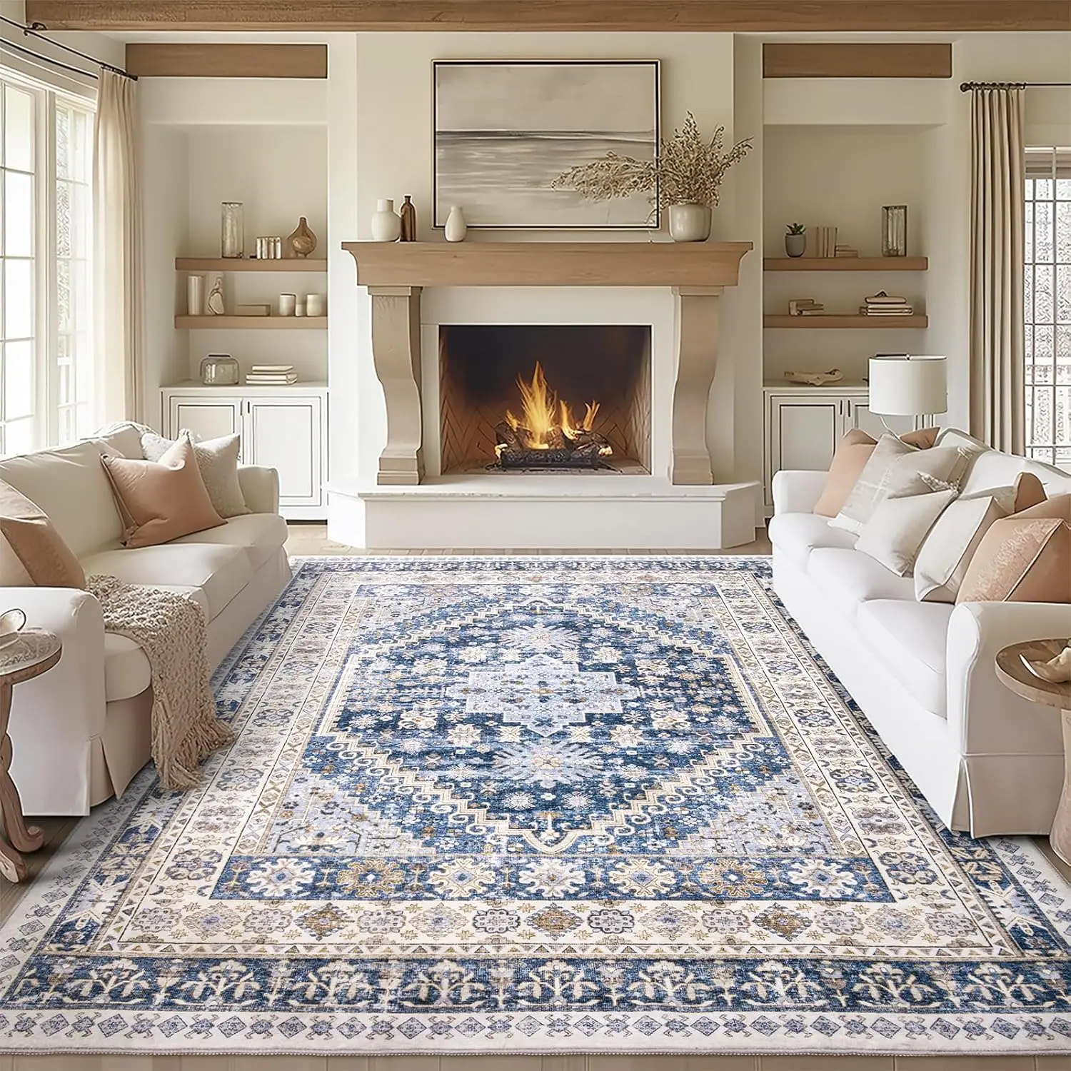 Modern Geometric Washable Rug | Soft Low Pile Area Carpet for Cozy Living Room & Bedroom Makeover
