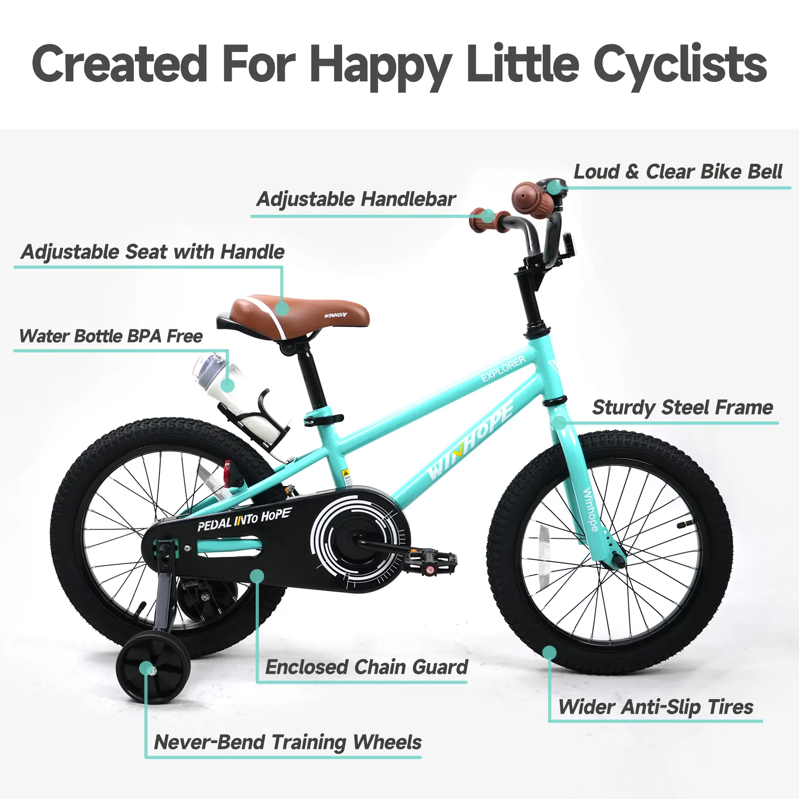 WINHOPE Explorer Kids Bike 12–18 Inch | Adjustable Bicycle with Training Wheels & Front/Rear Brakes