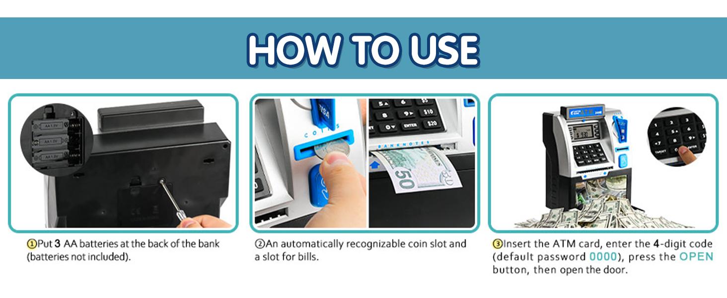 Talgic Kids Piggy Bank ATM Toy, a fun, interactive way to teach kids about money savings. With a realistic ATM keypad, password security, and the ability to save both coins and bills, it&rsquo;s perfect for birthdays, holidays, TALGICKEV