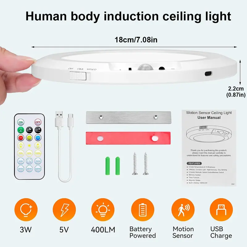 Rechargeable Motion Sensor Ceiling Light with Remote, Magnetic Drill-Free Wireless LED Light, 10000mAh Battery 3 Color Temp for Closet Stairs Porch Shed