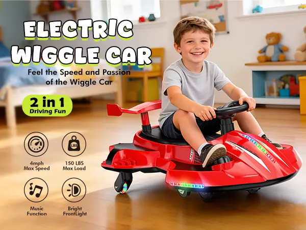Akeleo 12V 2-in-1 Electric Wiggle Car for Kids | 360° Drift Ride-On with Pedals, LED Flashing Wheels, Bluetooth Music & Mist Spray, Ages 3+