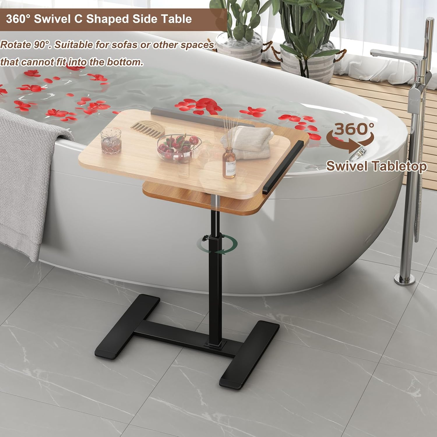 NLFZEK C-Shaped Side Table – Adjustable Height Swivel Laptop Table with Hidden Wheels for Sofa & Bed