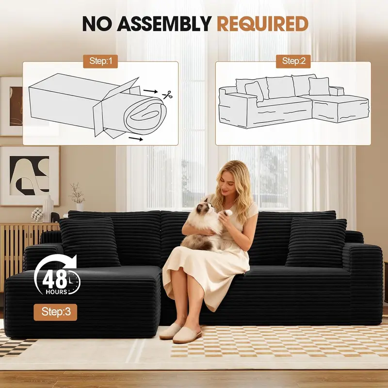 Cloud Modular Sectional Sofa with Reversible Chaise | Deep Seat Corduroy Couch, No Assembly