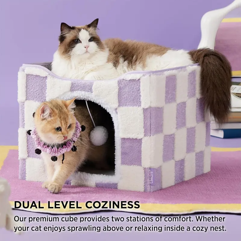 Lesure Indoor Cat Cave Bed, Foldable Cat House with Plush Cushion & Hanging Ball, Cozy Cat Cube Hideaway for Indoor Cats & Small Pets
