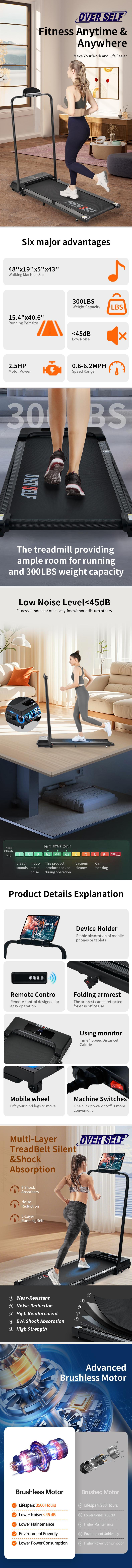 OVERSELF Walking Pad Treadmill with Handlebars, Adjustable Incline, Protect Carpet ,2.5HP Brushless Motor, Up to 6.2MPH, Portable Foldable Design, Remote Control, Compact Treadmill for Home Gym, Caminadora #SummerVibes