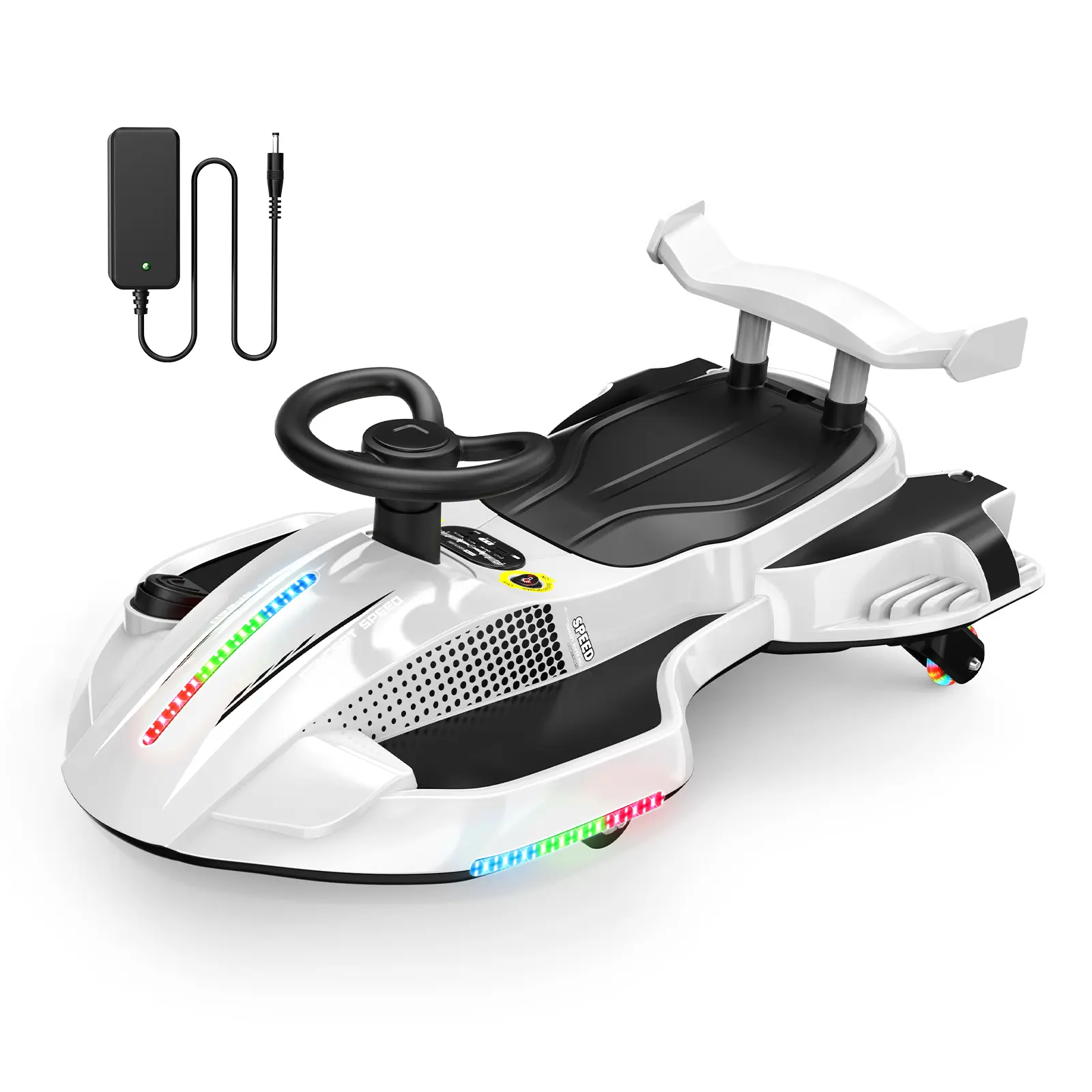 Akeleo 12V 2-in-1 Electric Wiggle Car for Kids | 360° Drift Ride-On with Pedals, LED Flashing Wheels, Bluetooth Music & Mist Spray, Ages 3+