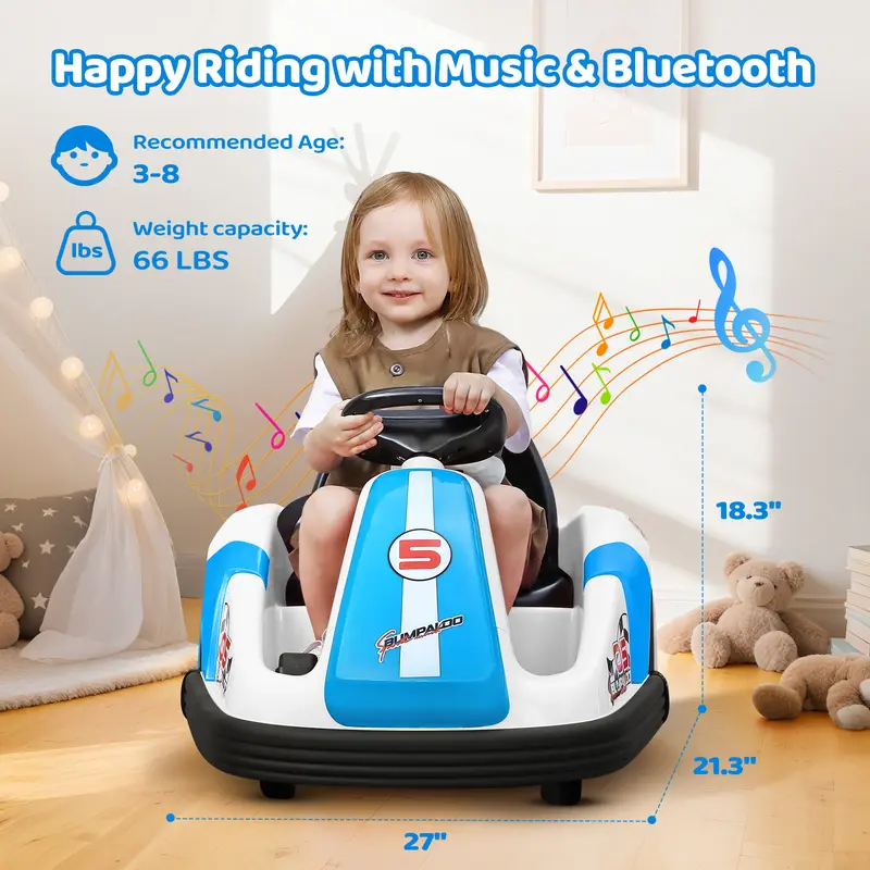 12V Kids Bumper Car with Big Wheels & Remote Control – 360° Spin Ride-On Toy with Bluetooth Music, LED Lights & DIY Stickers for Toddlers