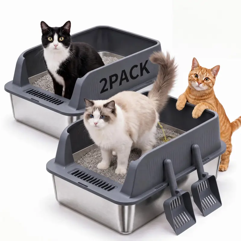 2 Pack Stainless Steel Cat Litter Box | Extra Large High-Wall Metal Litter Pan with Scoop, Easy Clean Design for Multi-Cat Homes