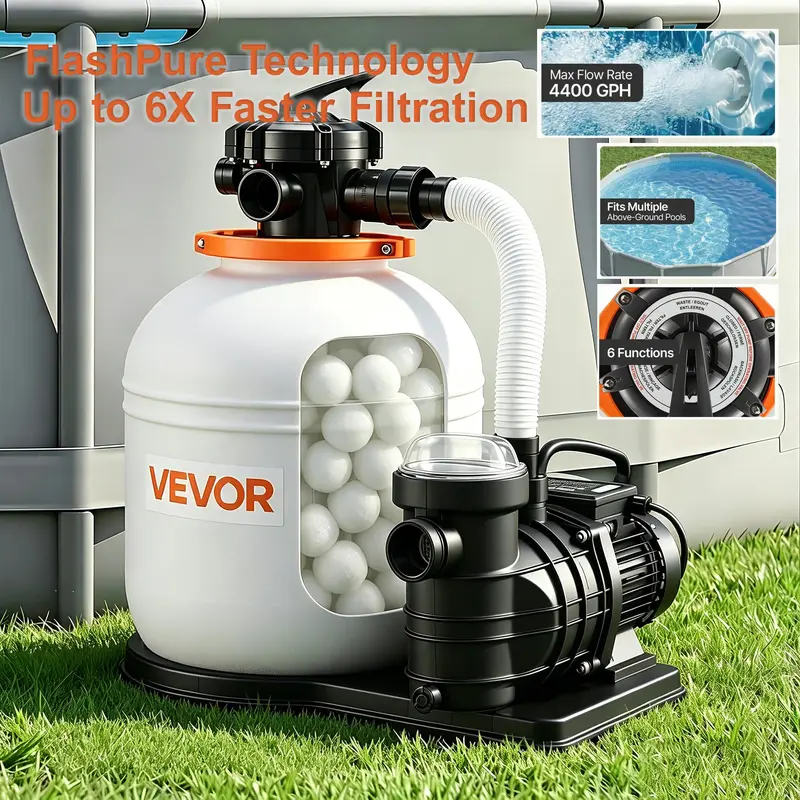 Crystal Clear Pool in Less Time | VEVOR FlashPure 16" 4400 GPH 1 HP Sand Filter Pump with 24H Timer & Fast Leak-Proof Filtration