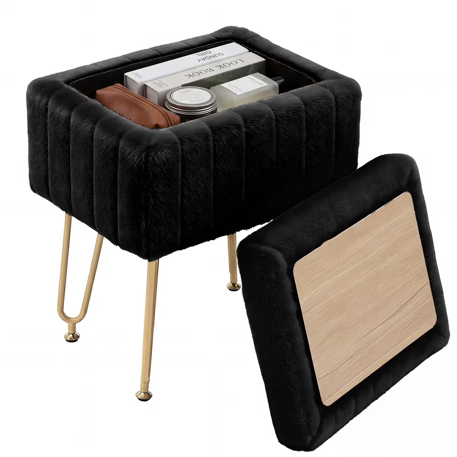 Faux Fur Vanity Stool with Hidden Storage | Modern Ottoman Seat with Gold Legs