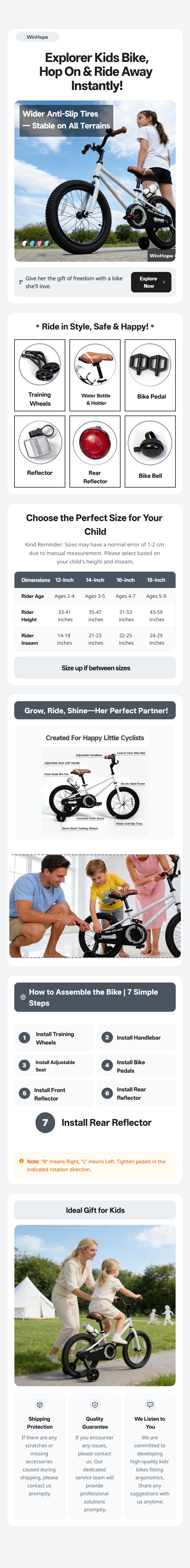 WINHOPE Explorer Kids&rsquo; Bicycle Ages 2&ndash;9 | 12&ndash;18-inch with Training Wheels, Kickstand | 95% Preassembled, Foot Brake, Adjustable Seat/Handlebars