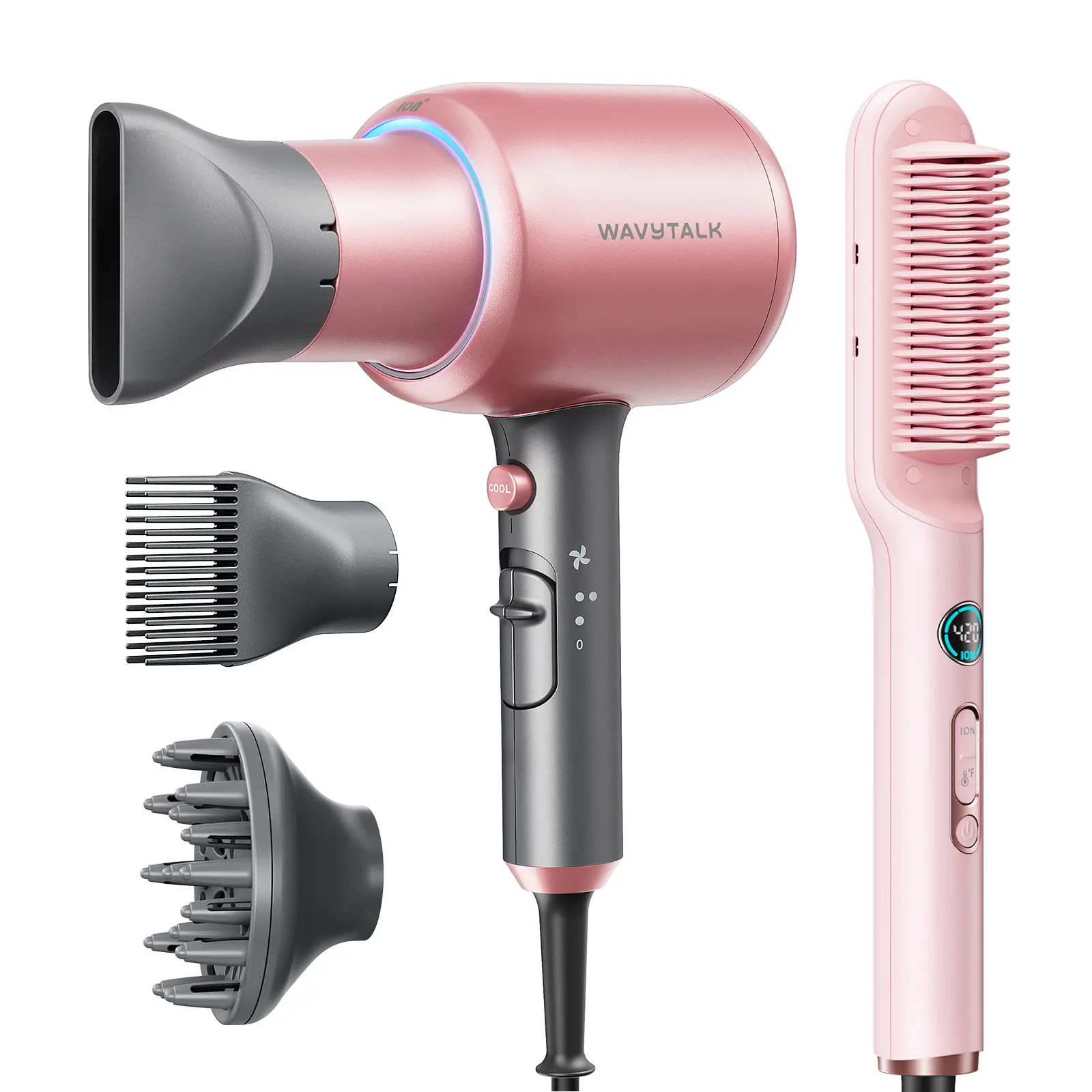 Wavytalk Sleek Sweep Ionic Hair Straightener Brush and Blown Away Ionic Hair Dryer with Diffuser Set