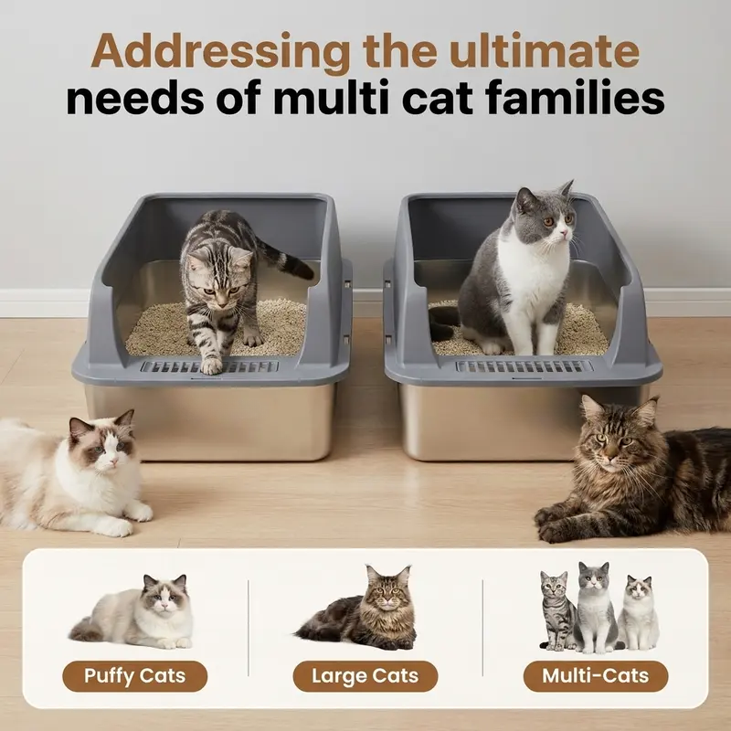 2 Pack Stainless Steel Cat Litter Box | Extra Large High-Wall Metal Litter Pan with Scoop, Easy Clean Design for Multi-Cat Homes