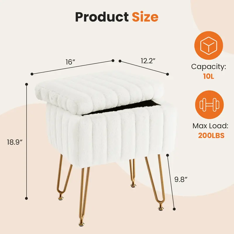 Faux Fur Vanity Stool with Hidden Storage | Modern Ottoman Seat with Gold Legs