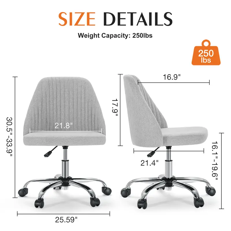 Modern Armless Office Chair | Adjustable Swivel Desk Chair with Wheels for Home Office & Vanity