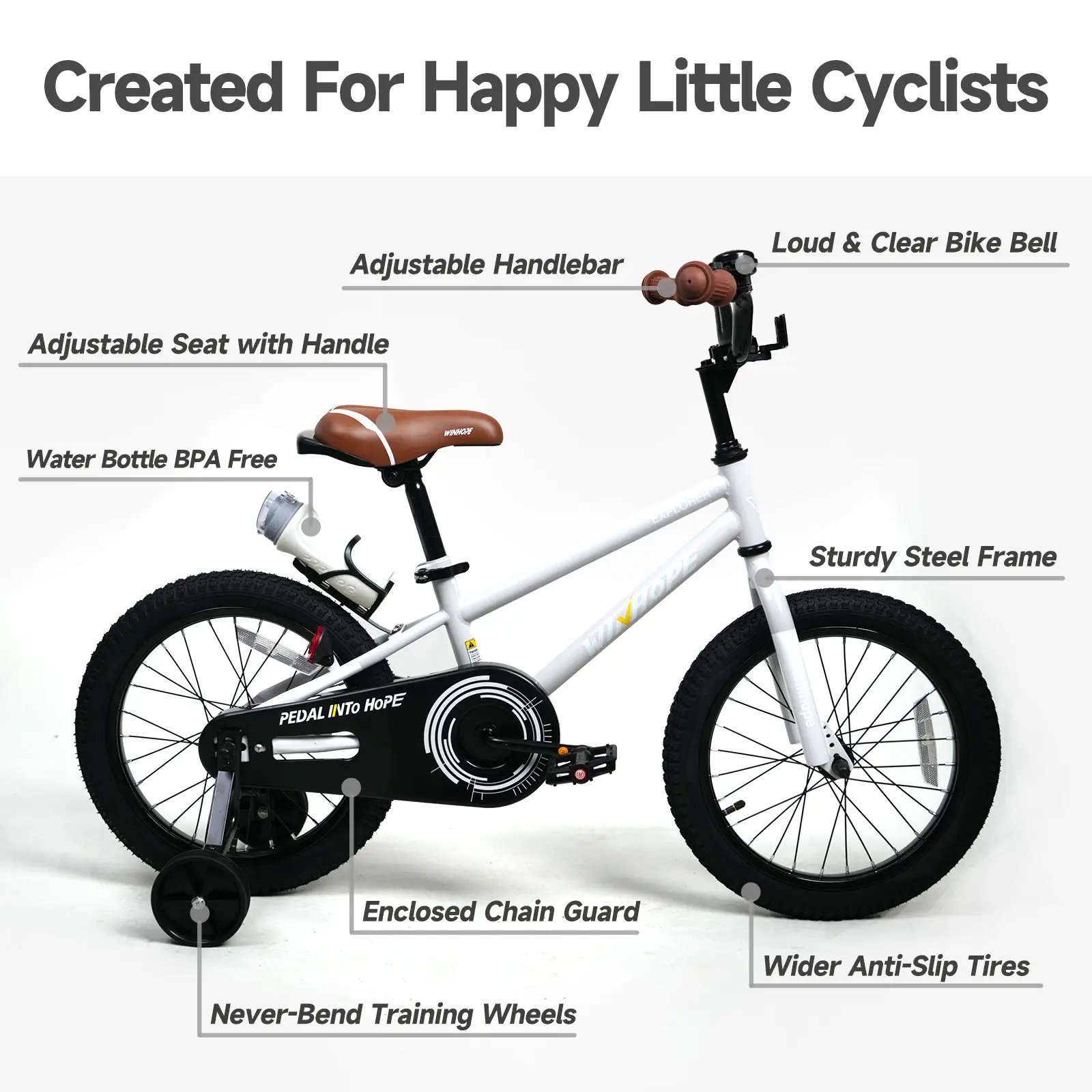 WINHOPE Explorer Kids Bike 12–18 Inch | Adjustable Bicycle with Training Wheels & Front/Rear Brakes