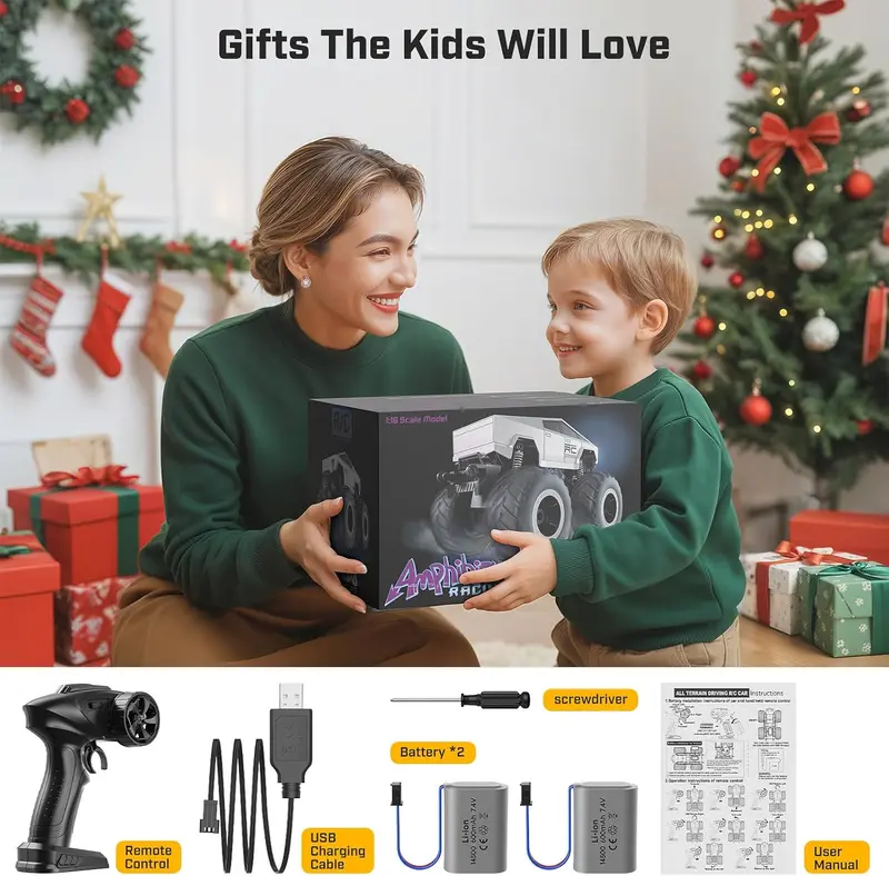 1:16 RC Off-Road Pickup Truck, 4WD Amphibious Remote Control Car with LED Lights, Rechargeable Battery – The craziest summer gifts