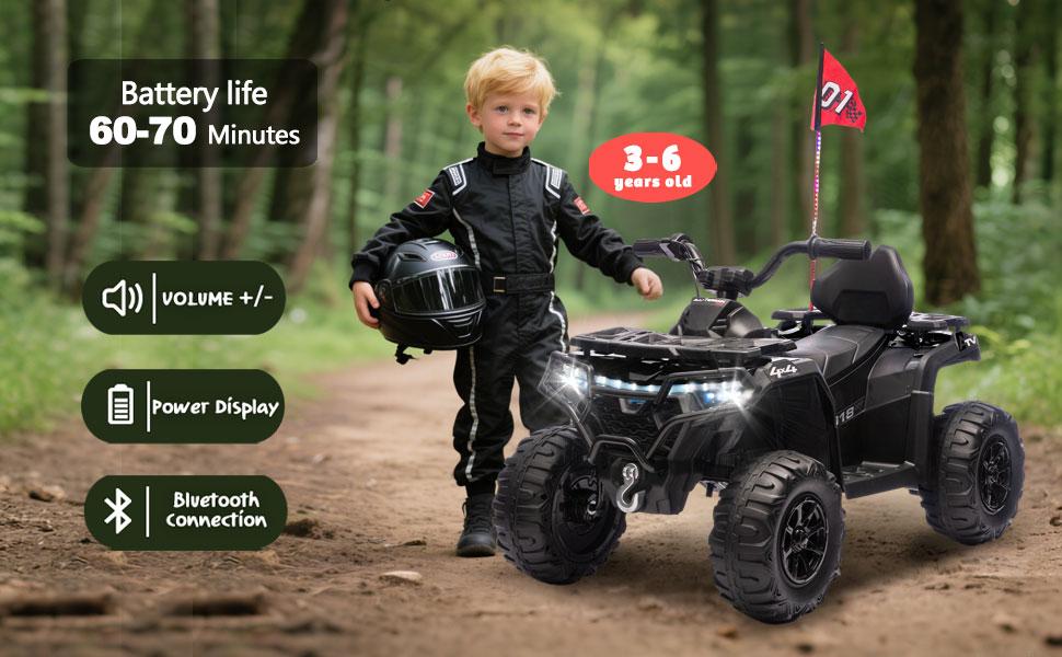 24V 160W Kids Electric Ride-On ATV &ndash; Realistic Off-Road Design with 2WD,Decorative Flags,On/Off Light Switch,Volume Control W/ Bluetooth,USB Port,Built-in Music & Multi-Color,recommended age:3-6