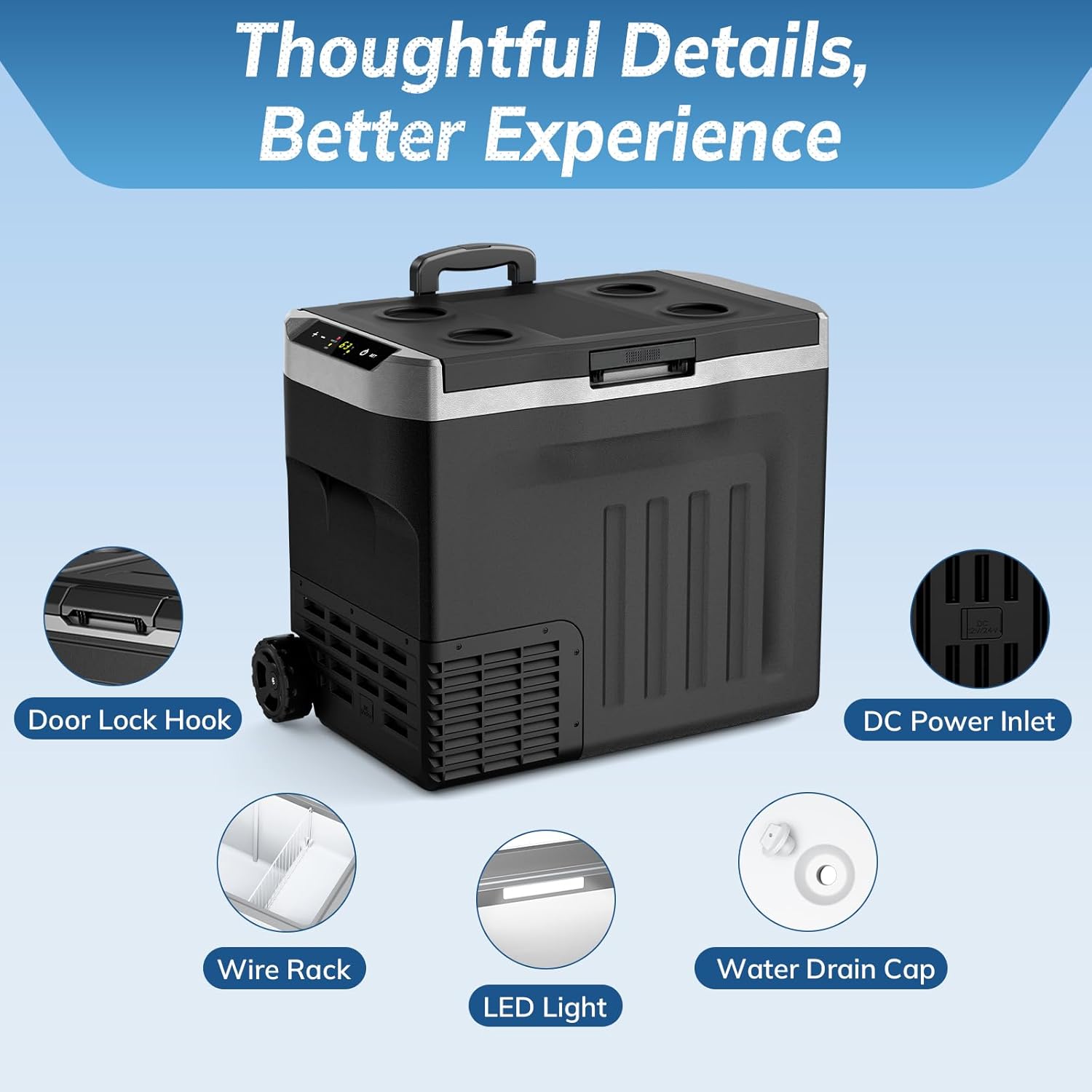 12 Volt Car Refrigerator,43QT(40L) Electric Cooler, -4℉~68℉ Portable Fridge Freezer,12V 24V DC 100-240V AC Car Fridge with Wheels&2 Baskets for Car,Camping,RV,BLACK