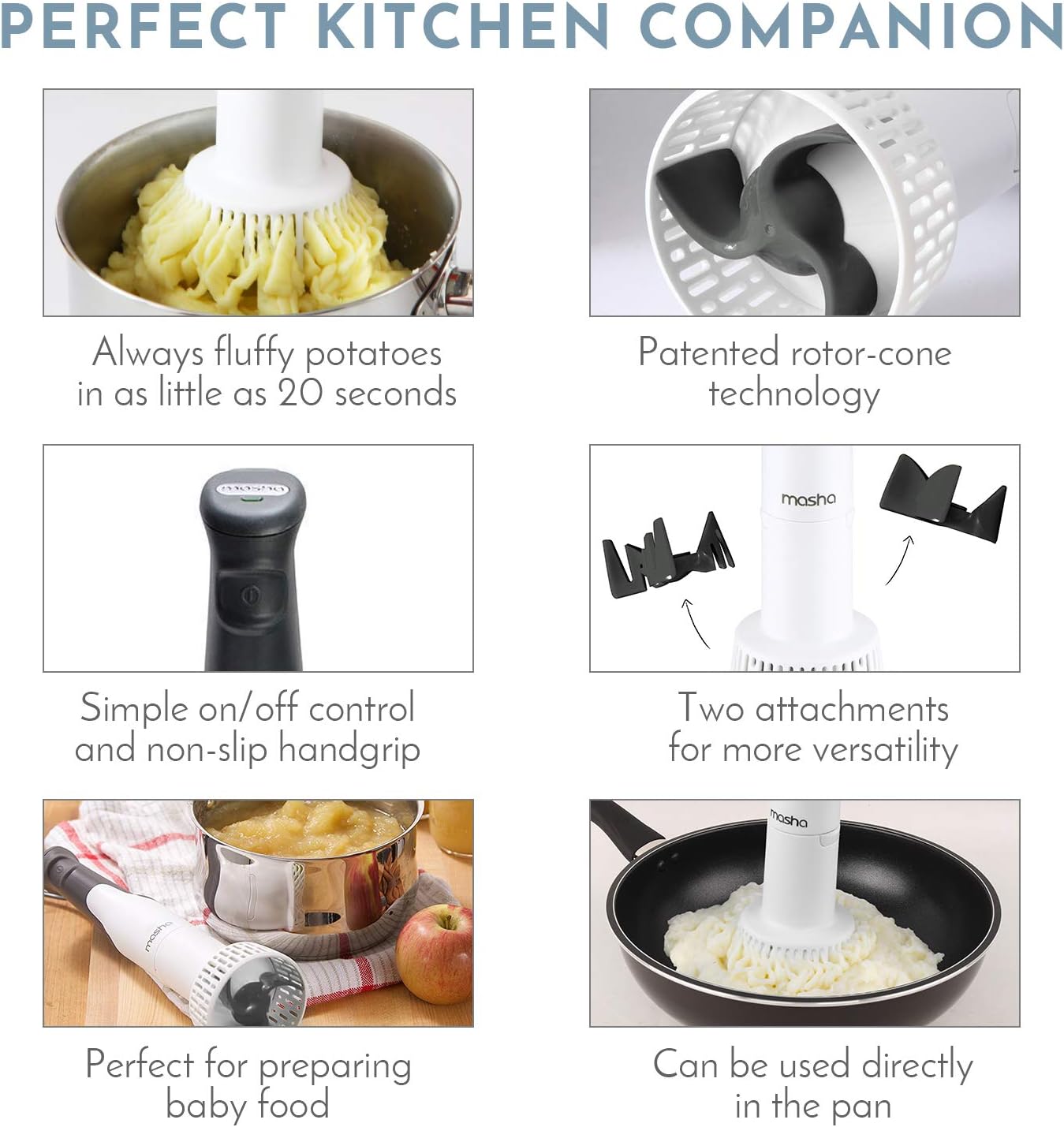 Masha Official Electric Potato Masher Hand Blender 3-in-1 Multi Tool Blends Purees Whisks - Immersion Mixer - Vegetables & Potatoes - Soup Maker