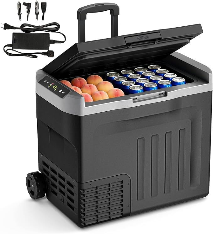 12 Volt Car Refrigerator,43QT(40L) Electric Cooler, -4℉~68℉ Portable Fridge Freezer,12V 24V DC 100-240V AC Car Fridge with Wheels&2 Baskets for Car,Camping,RV,BLACK