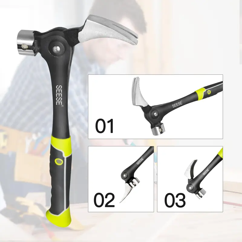SEESE 16oz Claw Hammer with Magnetic Nail Starter, Forged Steel, Shock-Absorbing Grip for Framing, Carpentry & DIY