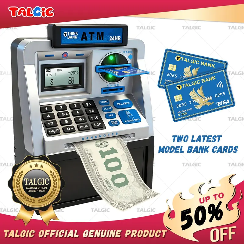 Talgic Kids Piggy Bank ATM Toy, a fun, interactive way to teach kids about money savings. With a realistic ATM keypad, password security, and the ability to save both coins and bills, it’s perfect for birthdays, holidays
