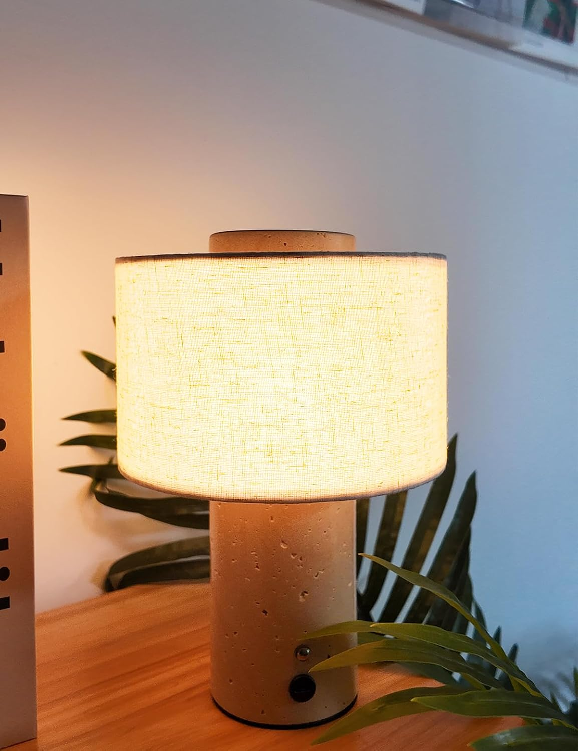 NLFZEK Natural Travertine Table Lamp – Sculptural Stone Light, 3-Color LED for Bedroom & Living Room