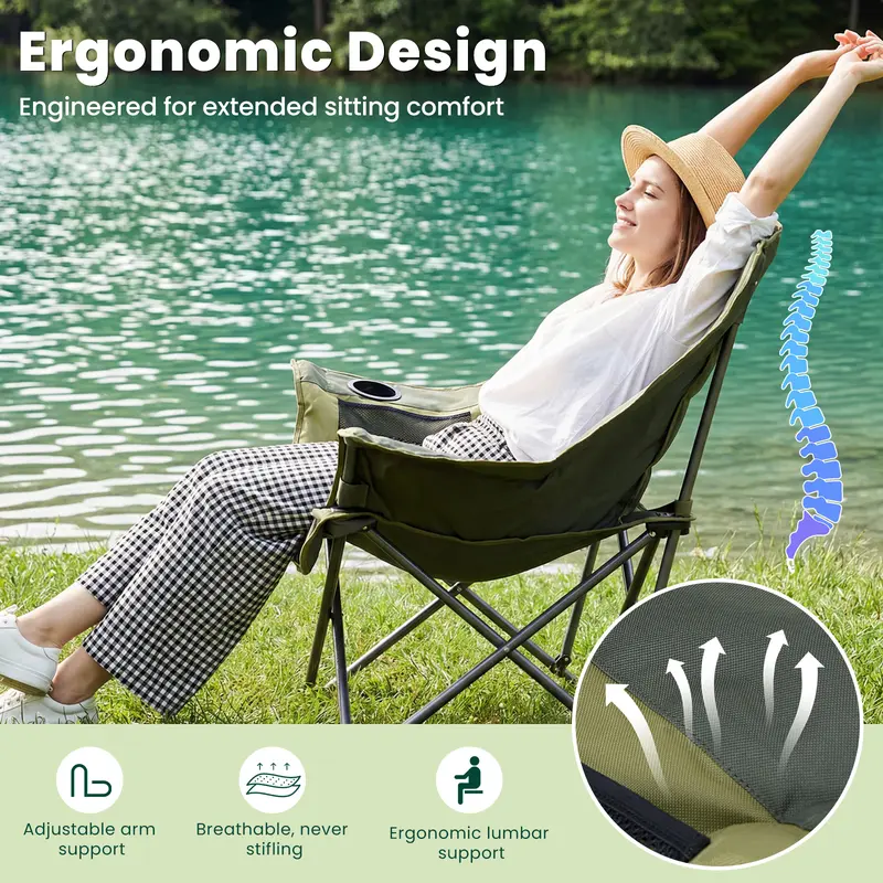 Comfort Folding Camping Chair, 440LBS Heavy Duty Reinforced Steel Frame, Padded 600D Oxford Chair with Cup Holders & Side Pockets, Foldable Carry Bag for Glamping Concerts Picnic