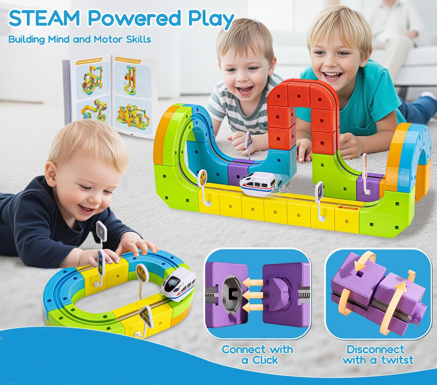 Klickrail Electric Train Set Flexible Race Track Rail Toys, Building Toy Train Track Gravity-Defying 3D Embedded Layouts & Motorized Car, STEM Learning Gift