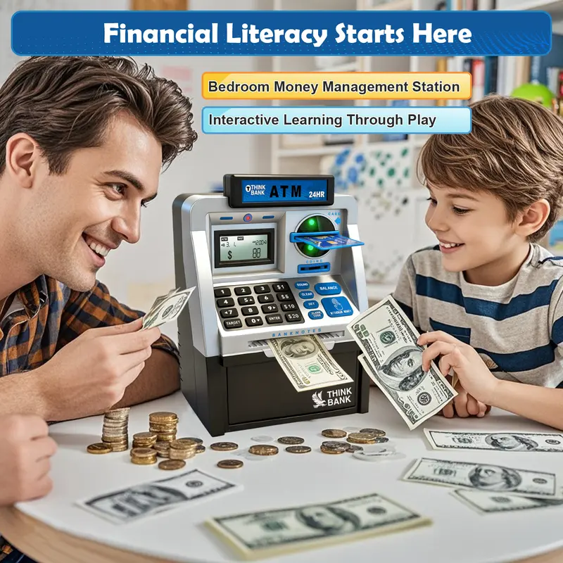 Talgic Kids Piggy Bank ATM Toy, a fun, interactive way to teach kids about money savings. With a realistic ATM keypad, password security, and the ability to save both coins and bills, it’s perfect for birthdays, holidays