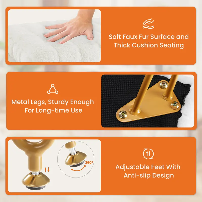 Faux Fur Vanity Stool with Hidden Storage | Modern Ottoman Seat with Gold Legs