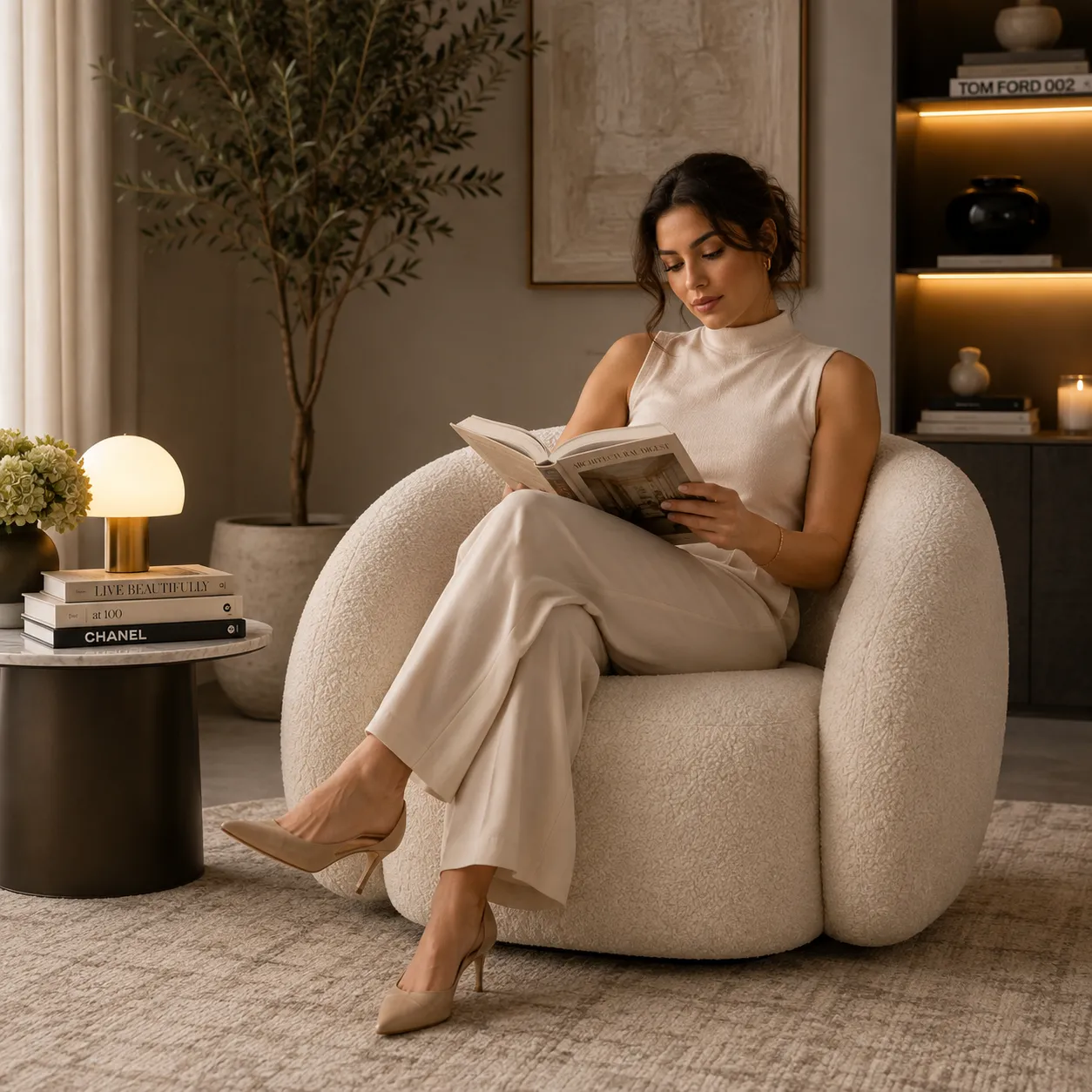 NLFZEK Curved Accent Chair – Soft Bouclé Lounge Chair, Modern Barrel Armchair, Cozy Padded Seat for Living Room & Bedroom