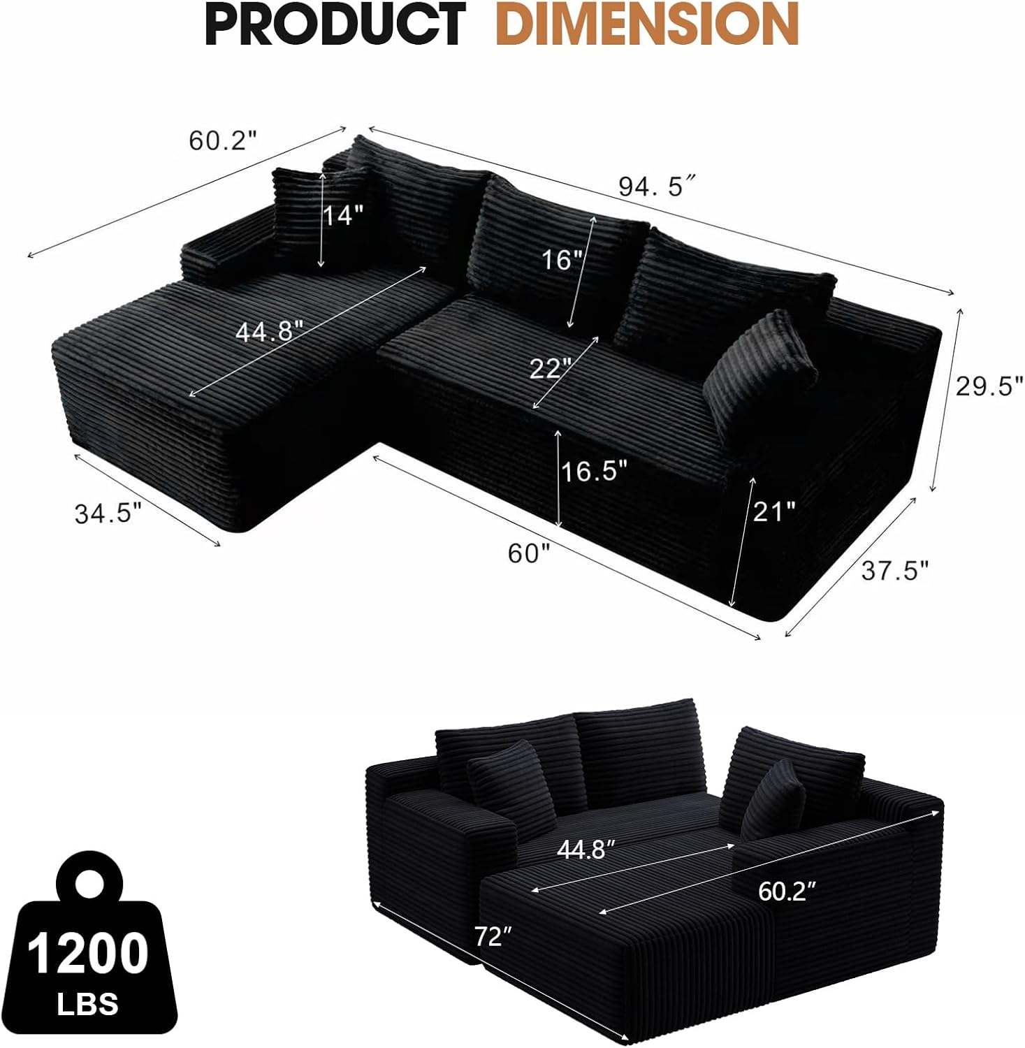 94.5" Modular Sectional Sofa Couch with L-Shape Chaise,Modern Minimalist Upholstered Cloud Couches for Living Room Bedroom,Deep Seat Corner Couch,No Assembly Required 94.5" Modular Sectional Sofa Couch with L-Shape Chaise,Modern Minimalist Upholstered Cloud Couches for Living Room Bedroom,Deep Seat Corner Couch,No Assembly Required