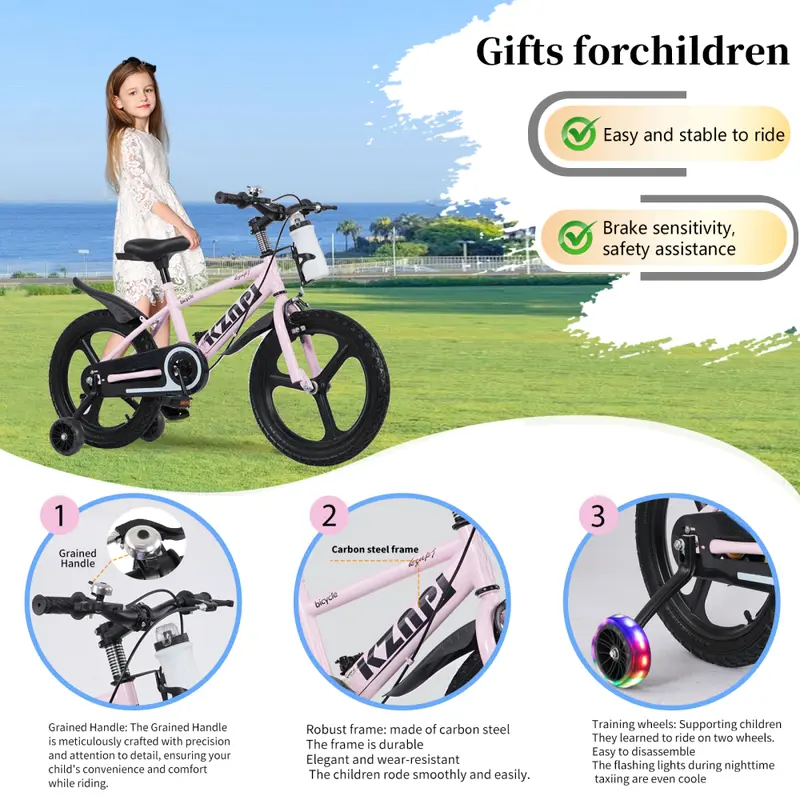18 Inch Kids Bike | Adjustable Kids Bicycle with Training Wheels, Light-Up Wheels & Water Bottle