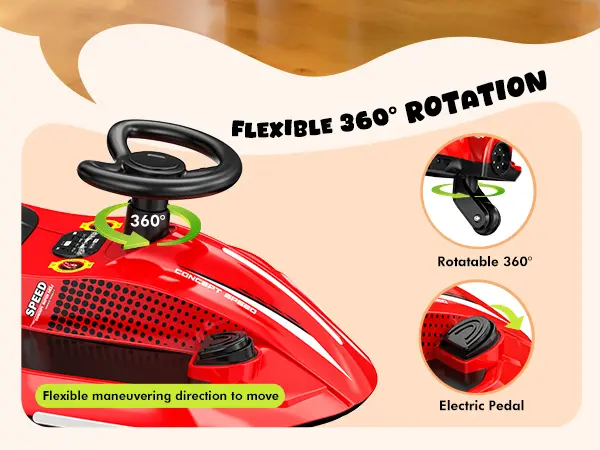 Akeleo 12V 2-in-1 Electric Wiggle Car for Kids | 360° Drift Ride-On with Pedals, LED Flashing Wheels, Bluetooth Music & Mist Spray, Ages 3+